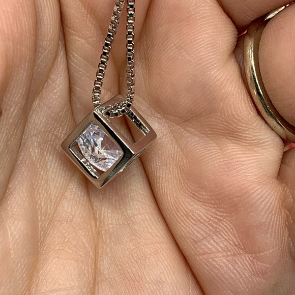 Sterling Silver 925 CZ Cube Necklace - Picture 4 of 4